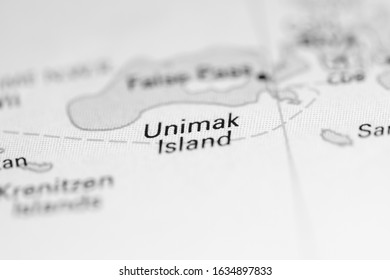 Unimak Island. Alaska. USA On A Geography Map