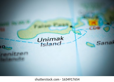 Unimak Island. Alaska. USA On A Geography Map