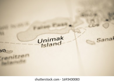 Unimak Island. Alaska. USA On A Geography Map