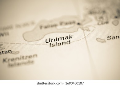 Unimak Island. Alaska. USA On A Geography Map