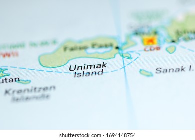 Unimak Island. Alaska. USA On A Geography Map