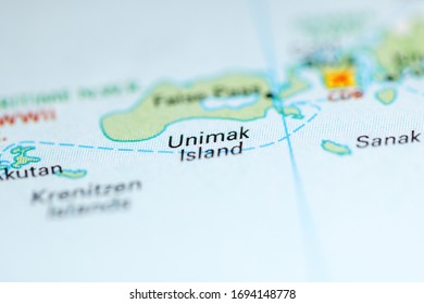 Unimak Island. Alaska. USA On A Geography Map