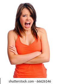 Unimpressed Brunette Girl Screams At Camera With Arms Crossed