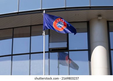 Union of European Football Associations flag waving in the wind with flagpole and blue sky, UEFA flag, UEFA European Championship, flag Football organisation: Belarus, Minsk - 24 May, 2022