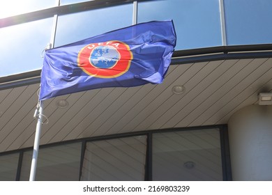 Union of European Football Associations flag waving in the wind with flagpole and blue sky, UEFA flag, UEFA European Championship, flag Football organisation: Belarus, Minsk - 24 May, 2022