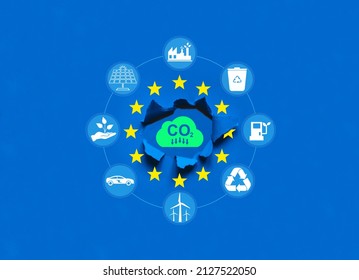 Union European Is Making A Decarbonization Program In The Coming Years To Reduce CO2 Emissions And Develop Sustainable Energy. Decline In Carbon Dioxide Emissions In Europe. 