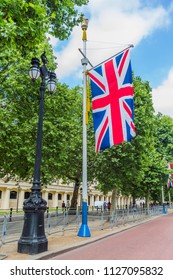 Union Jack Flag Hanging From A Flag Pole In London Along The Mall, No People