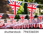 Union Jack flag triangular bunting hanging in a street, a festive decorations in London England UK
