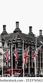 Union Jack flags flying in front of modern building