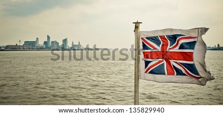 Union Jack flying at the from of the Mersey Ferry in Liverpool