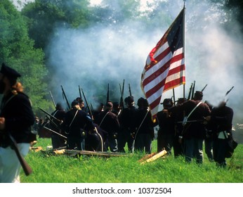 Union Line Preparing To Fire, 		Civil War Battle Reenactment	