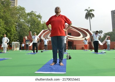 Union Minister Nirmala Sitaraman Performs Yoga During A Mass Yoga Session At The Jantar Mantar On The International Day Of Yoga In New Delhi , June 21 , 22