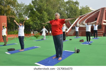 Union Minister Nirmala Sitaraman Performs Yoga During A Mass Yoga Session At The Jantar Mantar On The International Day Of Yoga In New Delhi , June 21 , 2022
