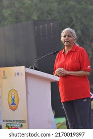 Union Minister Nirmala Sitaraman Performs Yoga During A Mass Yoga Session At The Jantar Mantar On The International Day Of Yoga In New Delhi , June 21 , 2022