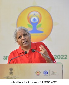 Union Minister Nirmala Sitaraman Performs Yoga During A Mass Yoga Session At The Jantar Mantar On The International Day Of Yoga In New Delhi , June 21 , 2022