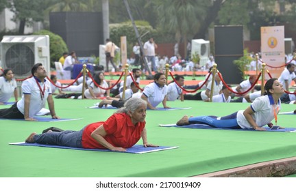 Union Minister Nirmala Sitaraman Performs Yoga During A Mass Yoga Session At The Jantar Mantar On The International Day Of Yoga In New Delhi , June 21 , 2022