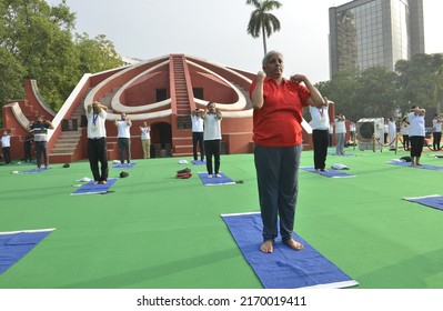 Union Minister Nirmala Sitaraman Performs Yoga During A Mass Yoga Session At The Jantar Mantar On The International Day Of Yoga In New Delhi , June 21 , 2022