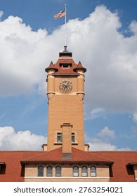 Union Train Station Clock Tower, Springfield Illinois, Historic Landmark with Blue Sky and American flag