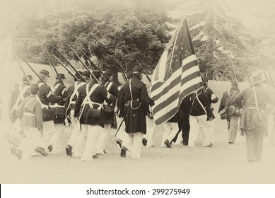 Union troops marching in column formation,   Civil War Battle Re-enactment, on Jun 20, 2009, in Port Gamble, WA. 