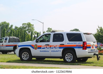 UNIONDALE, NEW YORK - JUNE 24, 2018:  Nassau County Police Department Mounted Unit Car In Uniondale. The Nassau County Police Department Is The Law Enforcement Agency Of Nassau County, New York 