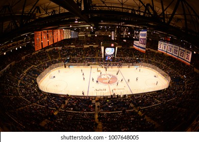 UNIONDALE, NEW YORK, UNITED STATES – FEB 8, 2014: NHL Hockey: A Fish-eye View From The Press Box Of A Game Between The New York Islanders And Colorado Avalanche At Nassau Veterans Memorial Coliseum.