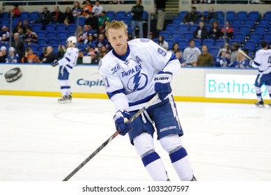 UNIONDALE, NEW YORK, UNITED STATES – April 6, 2013: NHL Hockey: Steven Stamkos, Of The Tampa Bay Lightning During Warm-ups. Lightning Vs. New York Islanders At Nassau Veterans Memorial Coliseum. 