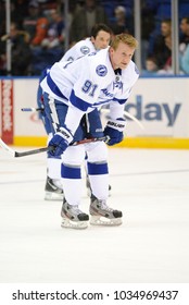 UNIONDALE, NEW YORK, UNITED STATES – April 6, 2013: NHL Hockey: Steven Stamkos, Of The Tampa Bay Lightning During Warm-ups. Lightning Vs. New York Islanders At Nassau Veterans Memorial Coliseum. 