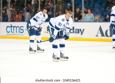 UNIONDALE, NEW YORK, UNITED STATES – April 6, 2013: NHL Hockey: Steven Stamkos And Other Tampa Bay Lightning Players During Warm-ups. Versus New York Islanders At Nassau Veterans Memorial Coliseum.