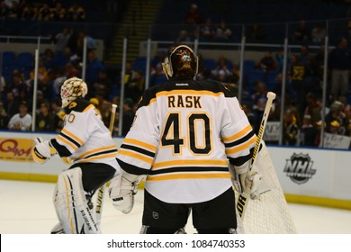 UNIONDALE, NEW YORK, UNITED STATES – Nov. 2, 2013: NHL Hockey: Goalie Tuukka Rask, Of The Boston Bruins, During Warm-ups. Bruins Vs. New York Islanders At Nassau Veterans Memorial Coliseum. 