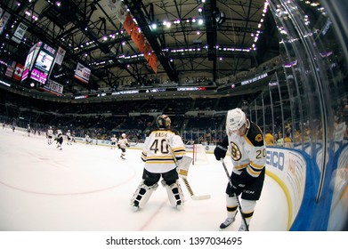 UNIONDALE, NEW YORK, UNITED STATES – Nov. 2, 2013: NHL Hockey: Boston Bruins Players During Warm-ups Before A Game Against The New York Islanders At Nassau Coliseum. Tuukka Rask 40. 