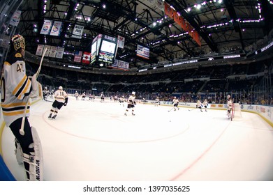 UNIONDALE, NEW YORK, UNITED STATES – Nov. 2, 2013: NHL Hockey: Boston Bruins Players During Warm-ups Before A Game Against The New York Islanders At Nassau Coliseum. Tuukka Rask 40. 