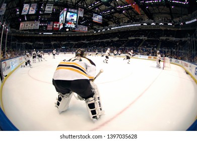 UNIONDALE, NEW YORK, UNITED STATES – Nov. 2, 2013: NHL Hockey: Boston Bruins Players During Warm-ups Before A Game Against The New York Islanders At Nassau Coliseum. Tuukka Rask 40. 