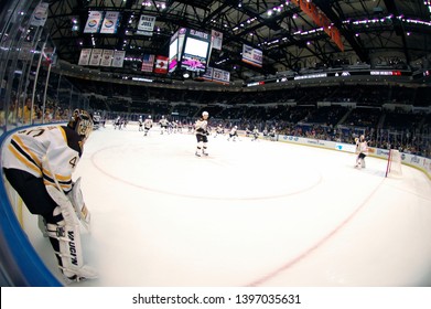 UNIONDALE, NEW YORK, UNITED STATES – Nov. 2, 2013: NHL Hockey: Boston Bruins Players During Warm-ups Before A Game Against The New York Islanders At Nassau Coliseum. Tuukka Rask 40. 