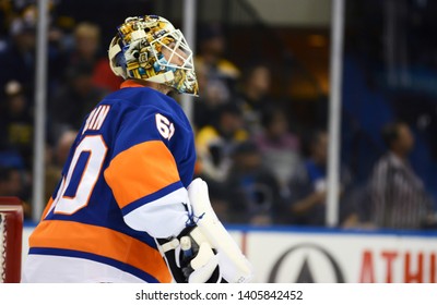 UNIONDALE, NEW YORK, UNITED STATES – Nov. 2, 2013: NHL Hockey: New York Islanders Goalie Kevin Poulin in action during a game against the Boston Bruins at Nassau Coliseum. 