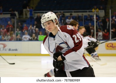 UNIONDALE, NEW YORK, UNITED STATES – FEB 8, 2014: NHL Hockey: Nathan MacKinnon, Of The Colorado Avalanche During Warm-ups. Avalanche Vs. New York Islanders At Nassau Veterans Memorial Coliseum. 