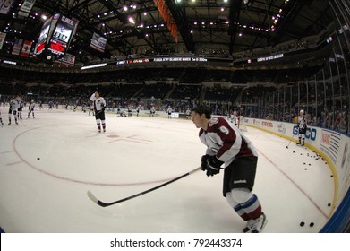 UNIONDALE, NEW YORK, UNITED STATES – FEB 8, 2014: NHL Hockey: A Fish-eye View Of The Colorado Avalanche During Warm-ups Prior To A Game Between The Avalanche And New York Islanders. Matt Duchene (#9).