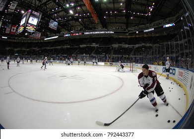 UNIONDALE, NEW YORK, UNITED STATES – FEB 8, 2014: NHL Hockey: A Fish-eye View Of The Colorado Avalanche During Warm-ups Prior To A Game Between The Avalanche And New York Islanders. Matt Duchene (#9).