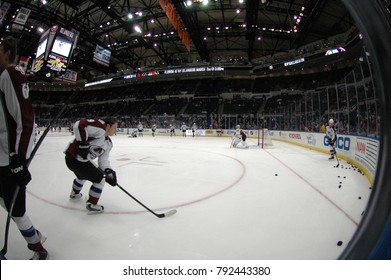 UNIONDALE, NEW YORK, UNITED STATES – FEB 8, 2014: NHL Hockey: A Fish-eye View Of The Colorado Avalanche During Warm-ups Prior To A Game Between The Avalanche And New York Islanders. Matt Duchene (#9).