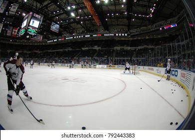 UNIONDALE, NEW YORK, UNITED STATES – FEB 8, 2014: NHL Hockey: A Fish-eye View Of The Colorado Avalanche During Warm-ups Prior To A Game Between The Avalanche And New York Islanders. Matt Duchene (#9).