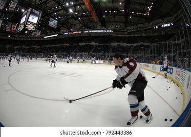 UNIONDALE, NEW YORK, UNITED STATES – FEB 8, 2014: NHL Hockey: A Fish-eye View Of The Colorado Avalanche During Warm-ups Prior To A Game Between The Avalanche And New York Islanders. Matt Duchene (#9).