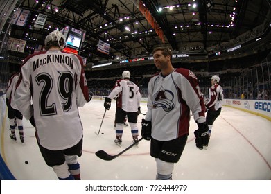 UNIONDALE, NEW YORK, UNITED STATES – FEB 8, 2014: NHL Hockey: Fish-eye View Of Colorado Avalanche During Warm-ups Prior To Game Between Avalanche And New York Islanders. Nathan MacKinnon #29.