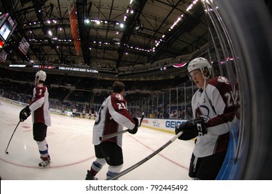 UNIONDALE, NEW YORK, UNITED STATES – FEB 8, 2014: NHL Hockey: Fish-eye View Of Colorado Avalanche During Warm-ups Prior To Game Between Avalanche And New York Islanders. Nathan MacKinnon #29.