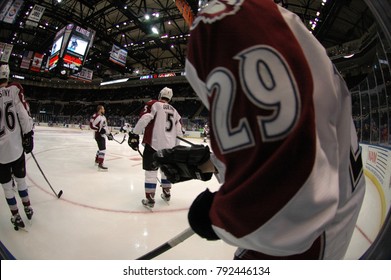 UNIONDALE, NEW YORK, UNITED STATES – FEB 8, 2014: NHL Hockey: Fish-eye View Of Colorado Avalanche During Warm-ups Prior To Game Between Avalanche And New York Islanders. Nathan MacKinnon #29.