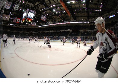 UNIONDALE, NEW YORK, UNITED STATES – FEB 8, 2014: NHL Hockey: Fish-eye View Of Colorado Avalanche During Warm-ups Prior To Game Between Avalanche And New York Islanders. Paul Stastny #26.