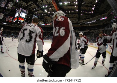 UNIONDALE, NEW YORK, UNITED STATES – FEB 8, 2014: NHL Hockey: Fish-eye View Of Colorado Avalanche During Warm-ups Prior To Game Between Avalanche And New York Islanders. Paul Stastny #26.