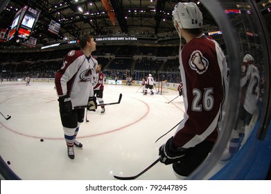 UNIONDALE, NEW YORK, UNITED STATES – FEB 8, 2014: NHL Hockey: Fish-eye View Of Colorado Avalanche During Warm-ups Prior To Game Between Avalanche And New York Islanders. Paul Stastny #26.