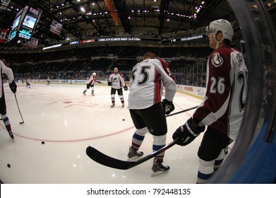 UNIONDALE, NEW YORK, UNITED STATES – FEB 8, 2014: NHL Hockey: Fish-eye View Of Colorado Avalanche During Warm-ups Prior To Game Between Avalanche And New York Islanders. Paul Stastny #26.