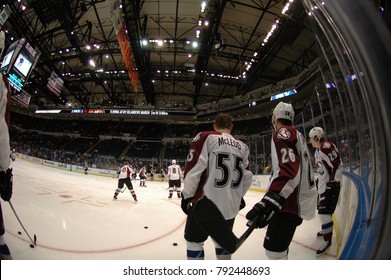 UNIONDALE, NEW YORK, UNITED STATES – FEB 8, 2014: NHL Hockey: Fish-eye View Of Colorado Avalanche During Warm-ups Prior To Game Between Avalanche And New York Islanders. Nathan MacKinnon #29.