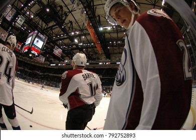 UNIONDALE, NEW YORK, UNITED STATES – FEB 8, 2014: NHL Hockey: Fish-eye View Of Colorado Avalanche During Warm-ups Prior To Game Between Avalanche And New York Islanders. Nick Holden #2.