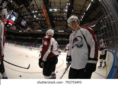 UNIONDALE, NEW YORK, UNITED STATES – FEB 8, 2014: NHL Hockey: Fish-eye View Of Colorado Avalanche During Warm-ups Prior To Game Between Avalanche And New York Islanders. Nick Holden #2.